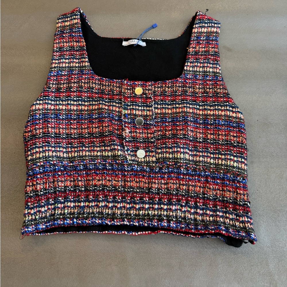 Zara Red and Black Tweed Crop Top. Size L